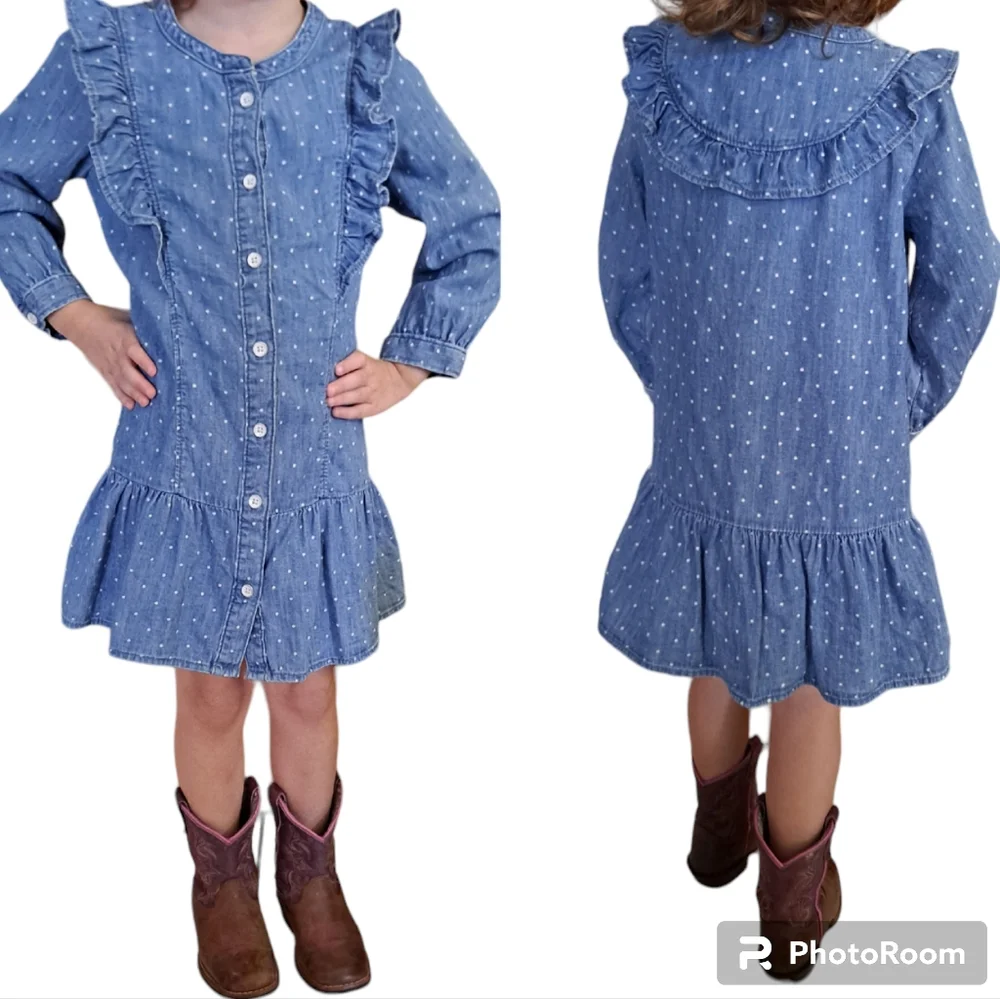 Baby GAP blue denim and white polka dot long sleeve ruffle dress